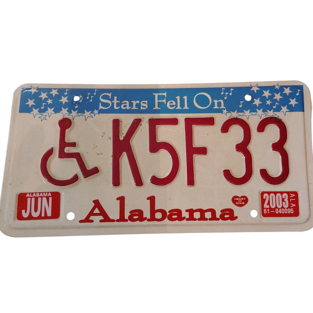 Vintage 2003 Alabama Stars Fell on Alabama Handicapped License Plate - Cream/Red